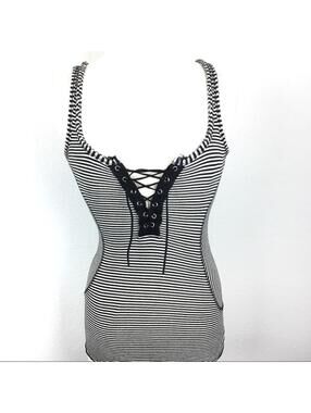 Free People Y2K Black White Stripe Sexy Tank Laceup RARE Wednesday Addams Goth